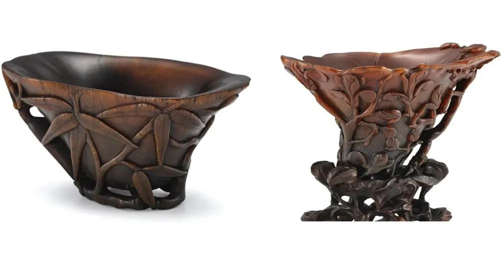 Tách bằng sừng tê giác thế kỷ 17 (ảnh trái) và hoa mộc lan bằng sừng tê giác đời Thanh, các tác phẩm điểu khắc sừng tê giác được rút khỏi cuộc đấu giá của nhà Sotheby's tại Hong Kong (Trung Quốc). SOTHEBY'S