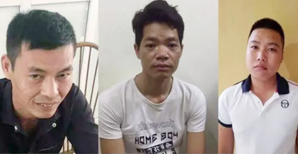Từ trái qua: 3 bị can Lý Đình Vũ, Hoàng Văn Thám, Nguyễn Chương Đại tại cơ quan công an