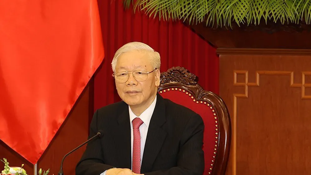 Tổng Bí thư Nguyễn Phú Trọng điện đàm với Tổng Bí thư, Chủ tịch nước Trung Quốc Tập Cận Bình vào sáng 24-9, tại Trụ sở Trung ương Đảng. Ảnh: TTXVN
