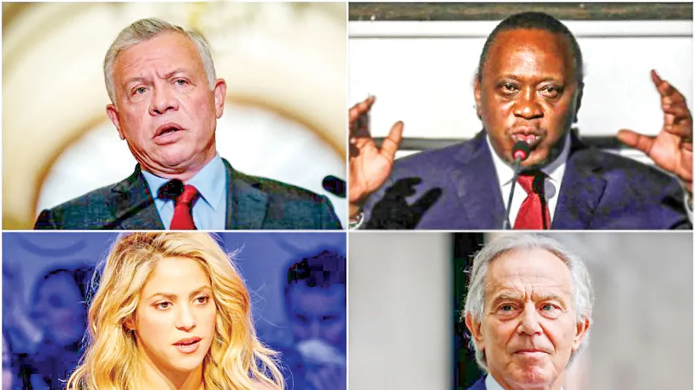 Một số nhân vật trong Hồ sơ Pandora: Quốc vương Jordan Abdullah II, Tổng thống Uhuru Kenyatta, ca sĩ Colombia Shakira và cựu Thủ tướng Anh Tony Blair (trái sang phải, trên xuống dưới)
