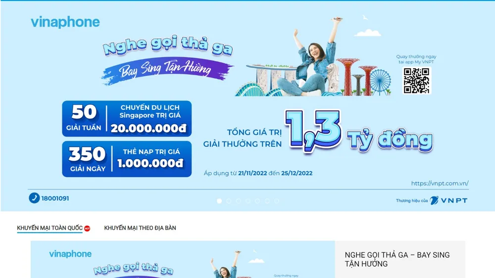 VinaPhone tặng ngay 50 GIẢI TUẦN là chuyến du lịch Singapore