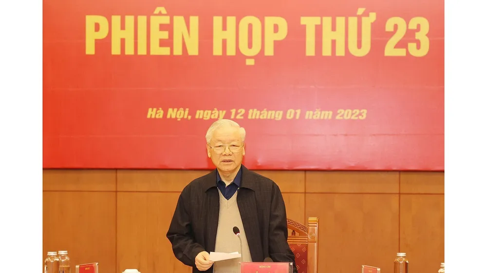 Tổng Bí thư Nguyễn Phú Trọng phát biểu kết luận cuộc họp.
