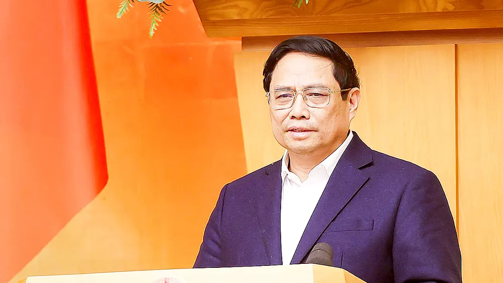 Thủ tướng Phạm Minh Chính chủ trì và phát biểu tại phiên họp Chính phủ chuyên đề về xây dựng pháp luật tháng 12-2023, ngày 26-12. Ảnh: VIẾT CHUNG