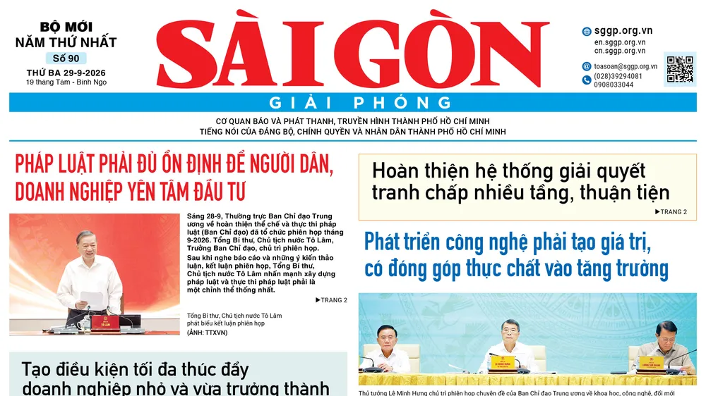 Báo Sài Gòn Giải Phóng ngày 29/9/2026