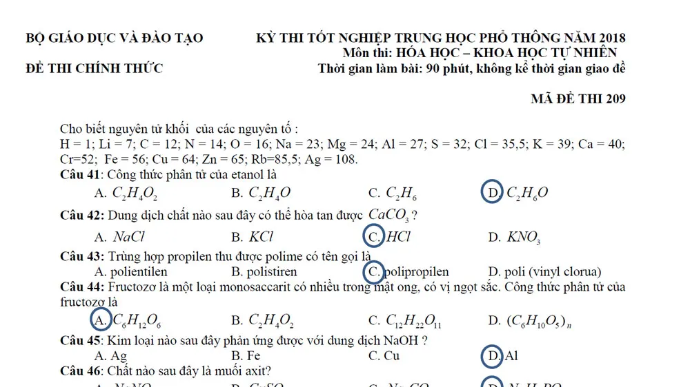 Bài giải gợi ý môn Hóa học kỳ thi THPT quốc gia 2018