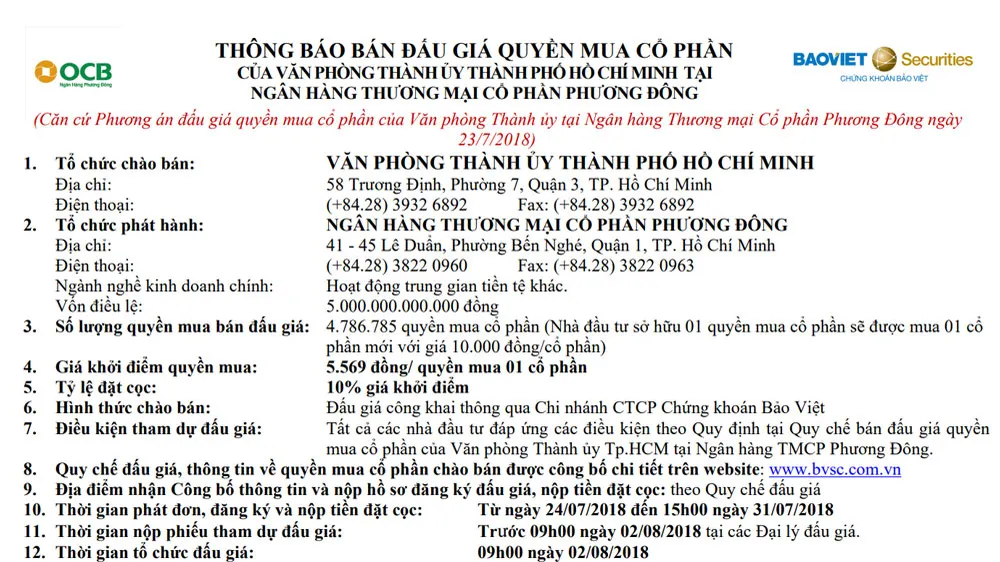 Thông báo bán đấu giá quyền mua cổ phần của Văn phòng Thành ủy TPHCM tại OCB