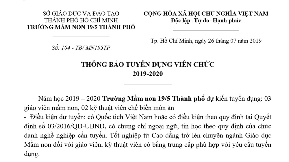 Trường Mầm non 19/5 Thành phố thông báo tuyển dụng viên chức 2019-2020