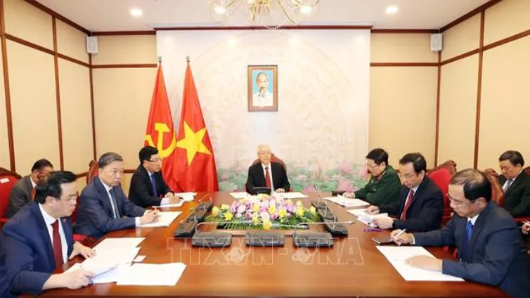 Tối 29-9-2020, tại Trụ sở Trung ương Đảng, Tổng Bí thư, Chủ tịch nước Nguyễn Phú Trọng điện đàm trực tiếp với Tổng Bí thư, Chủ tịch nước Trung Quốc Tập Cận Bình. Ảnh: Trí Dũng/TTXVN