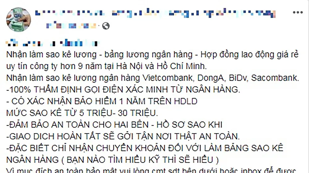 Công khai rao trên mạng dịch vụ làm giả giấy tờ xác nhận, bảng lương...