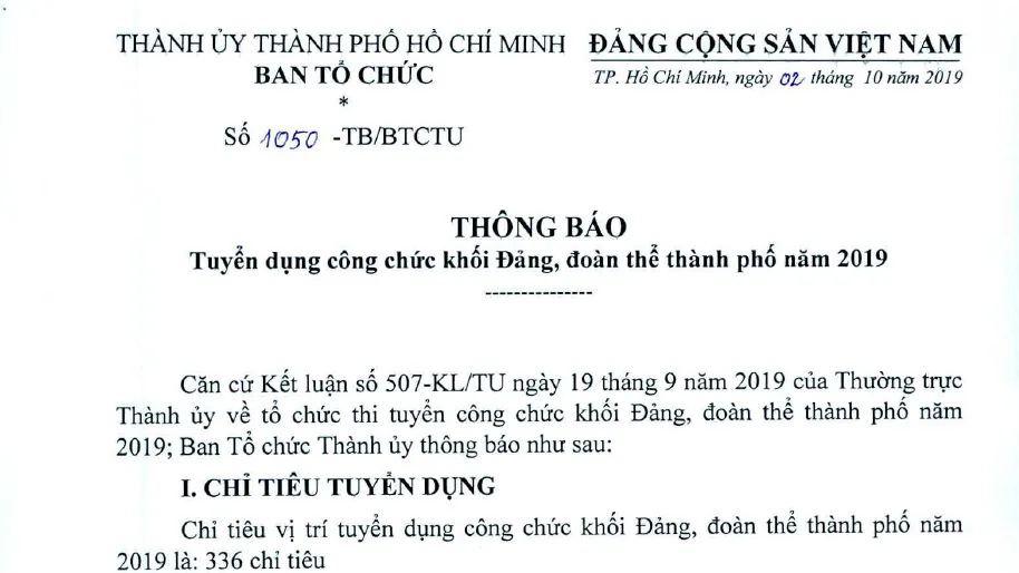 Tuyển dụng công chức khối Đảng, đoàn thể thành phố năm 2019