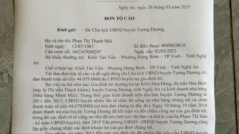 Văn phòng UBND huyện Tương Dương đã thanh toán tiền ăn uống 10 năm cho chủ nhà hàng