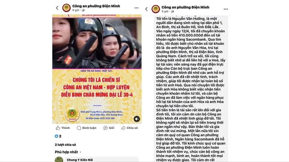 Công an Quảng Nam giúp người dân nhận lại 410 triệu đồng do chuyển khoản nhầm người lạ
