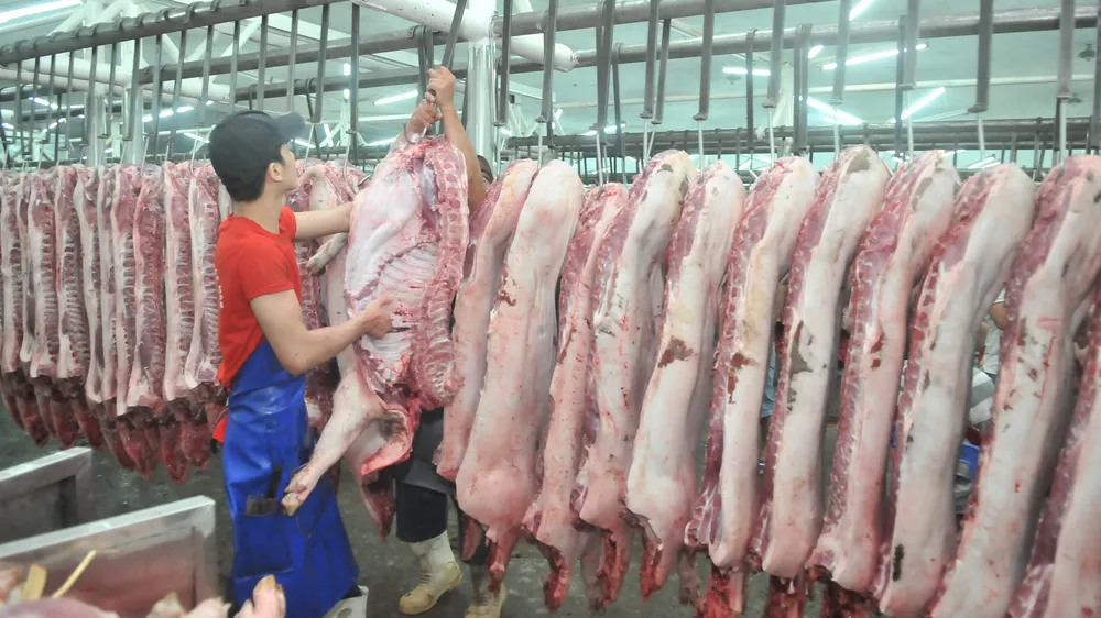  Thịt heo bán tại chợ đầu mối Hóc Môn . Ảnh: CAO THĂNG