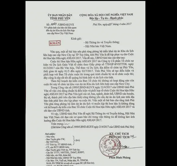 Công văn của UBND tỉnh Phú Yên