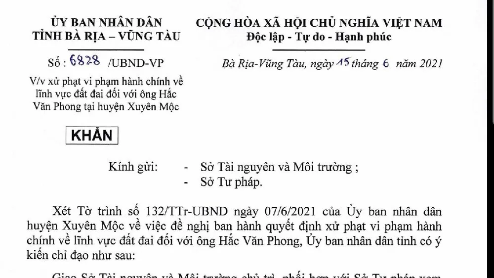 Tỉnh Bà Rịa-Vũng Tàu ra văn bản khẩn về việc xử phạt vi phạm hành chính ở huyện Xuyên Mộc 