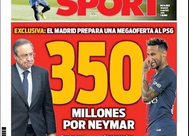 Chủ tịch Florentino Perez và Neymar trên trang bìa tờ Sport.