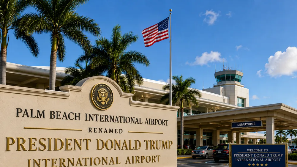 Biển báo mới chào đón hành khách sau khi Sân bay quốc tế Palm Beach chính thức được đổi tên thành Sân bay quốc tế Tổng thống Donald J. Trump. Ảnh: Sunday Guardian