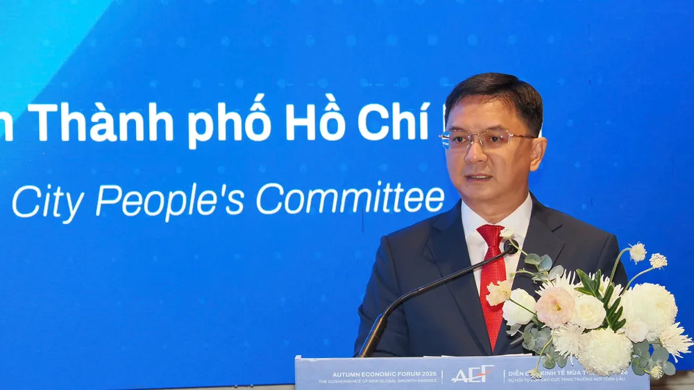 Phó Chủ tịch UBND TPHCM Nguyễn Mạnh Cường phát biểu tại Diễn đàn Công nghệ Tương lai Việt Nam – Ấn Độ 2026 tại TPHCM. Ảnh: HOÀNG HÙNG