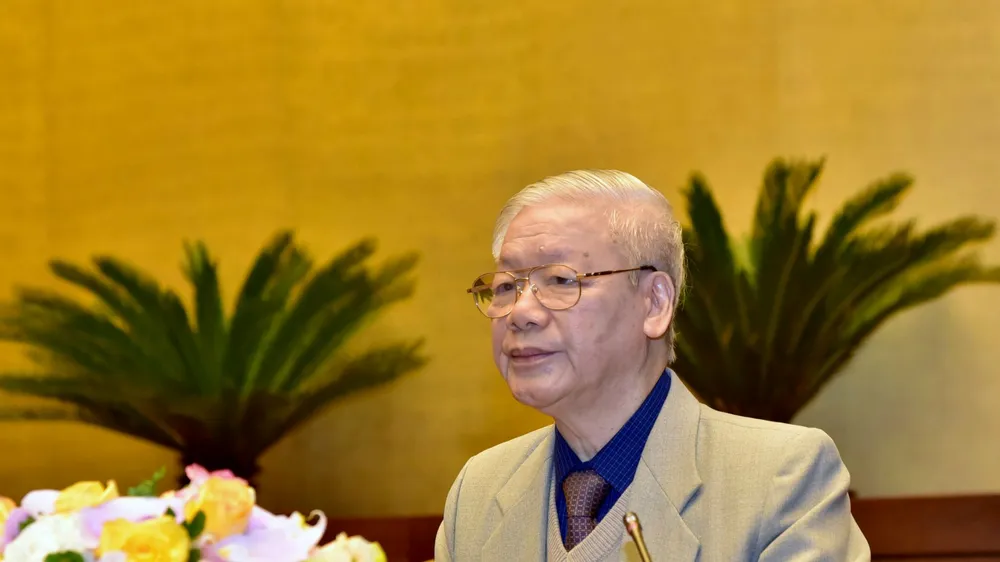  Tổng Bí thư, Chủ tịch nước Nguyễn Phú Trọng phát biểu khai mạc Hội nghị tại đầu cầu Hà Nội. Ảnh: VIẾT CHUNG