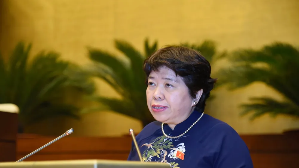 Chủ nhiệm Uỷ ban Xã hội Nguyễn Thuý Anh trình bày báo cáo tại phiên họp. Ảnh: QUANG PHÚC 