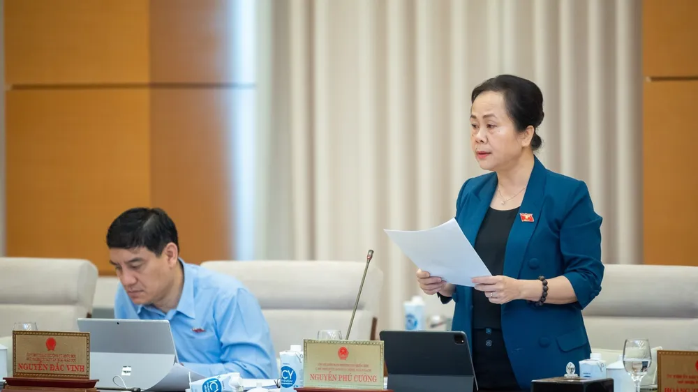 Phó Chủ nhiệm Ủy ban Tài chính, Ngân sách Nguyễn Vân Chi trình bày báo cáo thẩm tra tại phiên họp