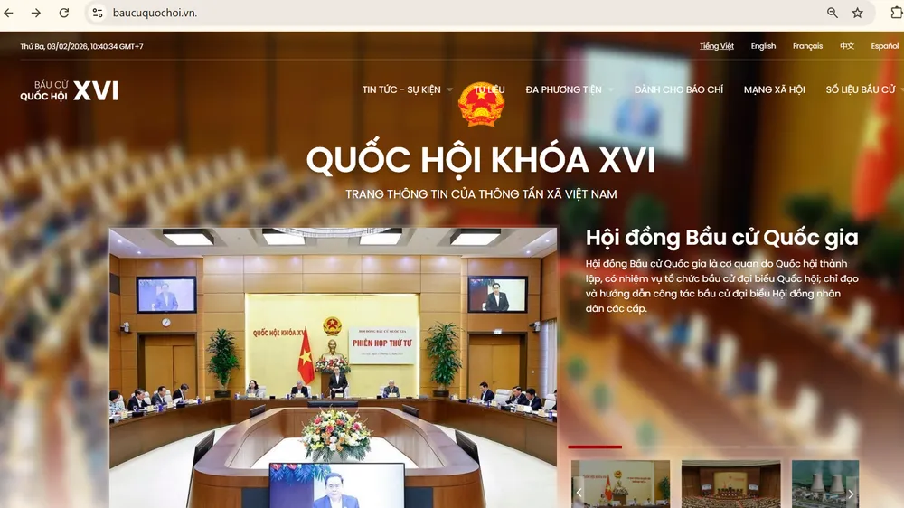 Giao diện chuyên trang thông tin về bầu cử đại biểu Quốc hội khóa XVI và đại biểu HĐND các cấp nhiệm kỳ 2026 - 2031