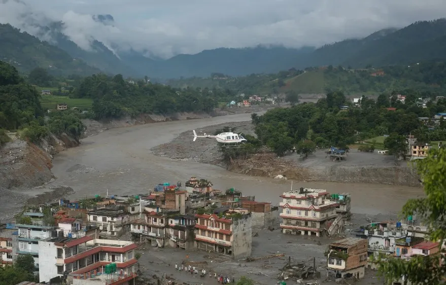 Khu vực bị ảnh hưởng bởi lũ lụt ở huyện Nuwakot, Nepal. Ảnh: SANJIT PARIYAR/NURPHOTO/GETTY IMAGES