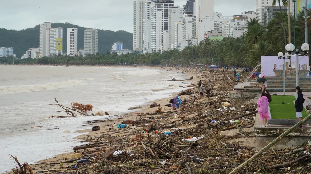 Bãi biển Nha Trang ngập rác do lũ