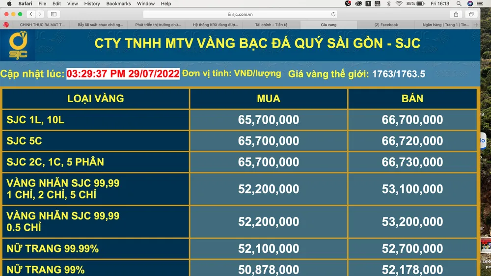 Bảng giá vàng SJC của Công ty SJC chiều ngày 29-7