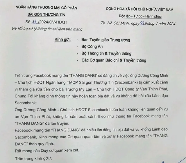 Văn bản của Sacombank gửi các cơ quan chức năng về thông tin sai lệch trên mạng 