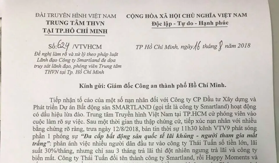 Trung tâm Truyền hình Việt Nam tại TPHCM gửi văn bản lên Công an TPHCM. Ảnh: C.T.