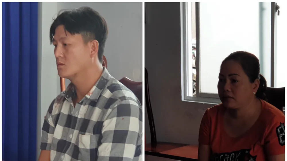 Hai đối tượng Hiển và Tuyết (từ trái qua phải) tại cơ quan công an