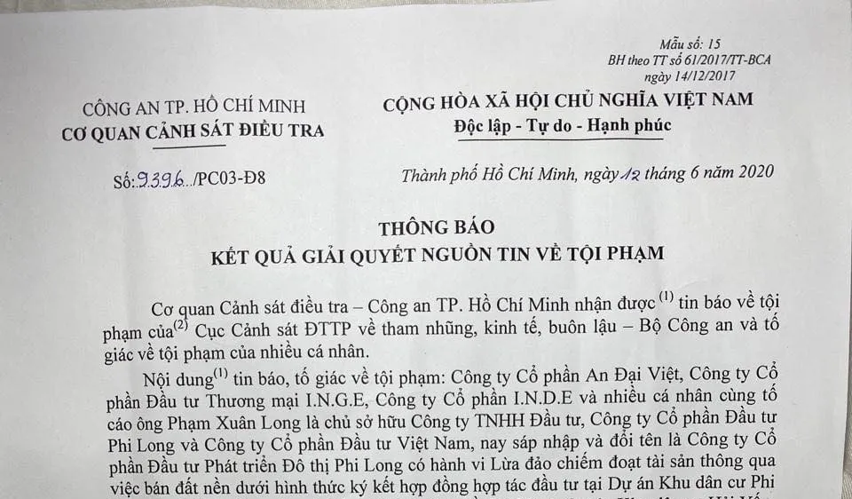 Quyết định khởi tố vụ án lừa đảo chiếm đoạt tài sản tại Công ty Cổ phần Đầu tư và Phát triển đô thị Phi Long