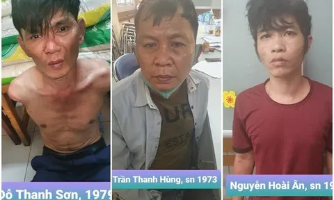 Ba đối tượng Sơn, Hùng và Ân (từ trái qua phải) tại cơ quan công an