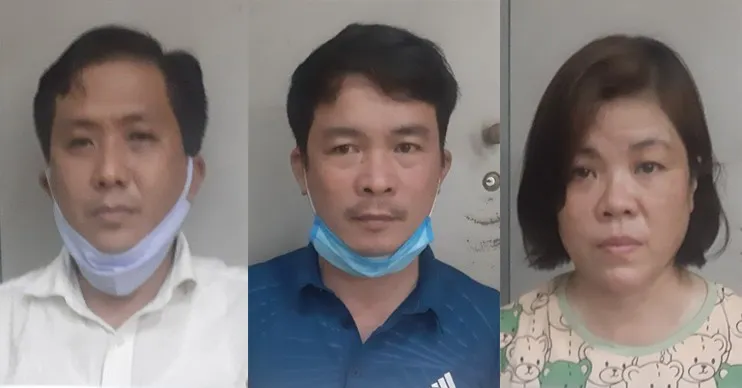 Nhóm đối tượng: Tâm Em , Tiến - Tuyết (từ trái qua phải) tại cơ quan công an. Ảnh: C.T
