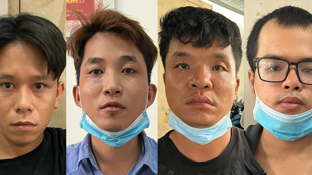 Nhóm đối tượng tại cơ quan công an. Ảnh: CHÍ THẠCH 