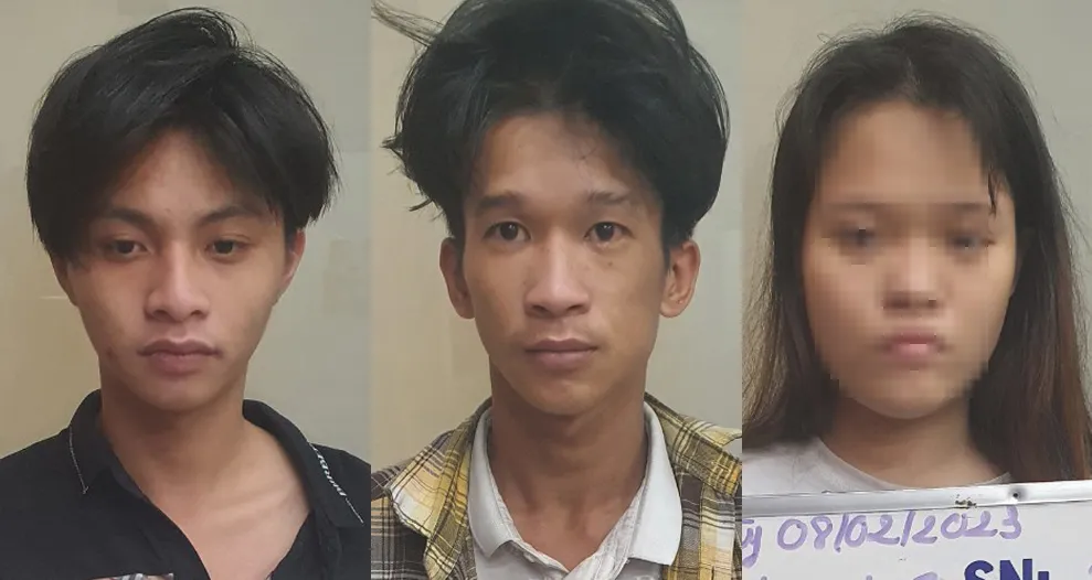 Nhóm đối tượng gồm: Tiến - Hậu - H. (từ trái qua phải) tại cơ quan công an.