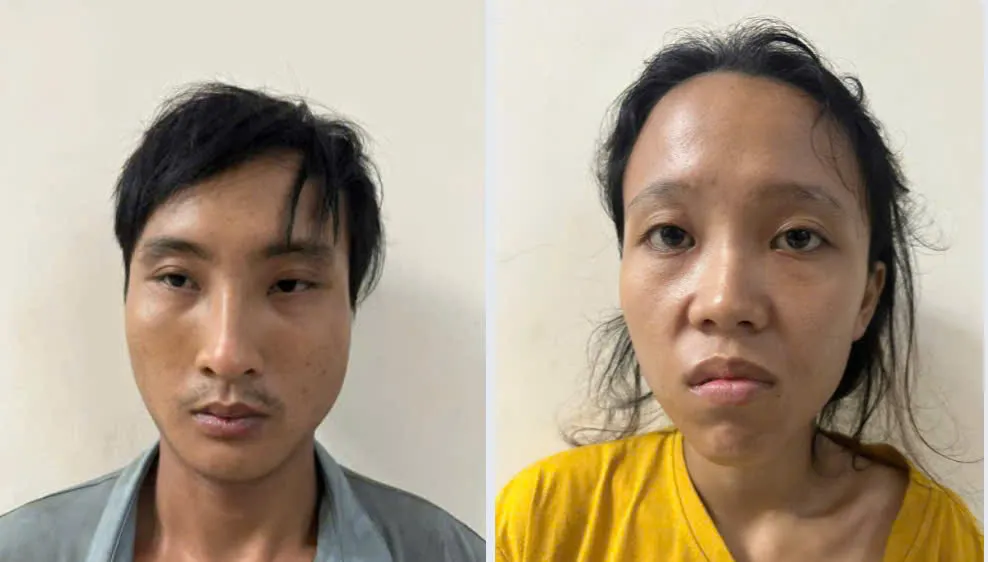 Nguyễn Quốc Toàn và Lê Thụy Thanh Tâm (từ trái qua phải) tại cơ quan công an.