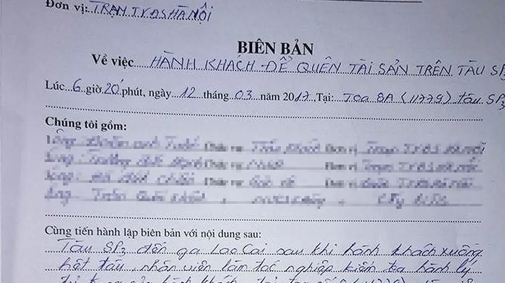 Biên bản bàn giao tài sản bỏ quên trên toa tàu ngày 12-3