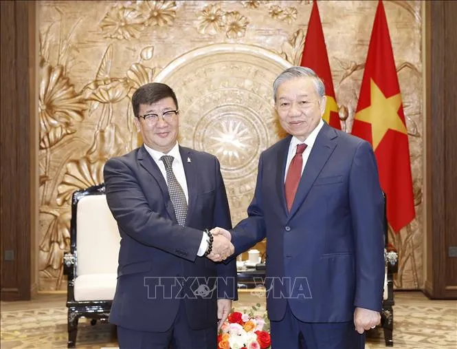 Tổng Bí thư, Chủ tịch nước Tô Lâm tiếp Đại sứ Đặc mệnh toàn quyền Mông Cổ tại Việt Nam Jigjee Sereejav chiều 28-4. Ảnh: TTXVN