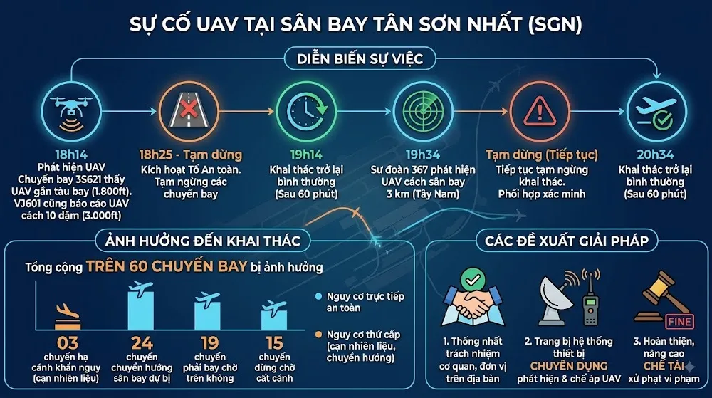 Sơ đồ sự cố UAV/drone tại Cảng hàng không quốc tế Tân Sơn Nhất. Ảnh: Cục Hàng không Việt Nam cung cấp