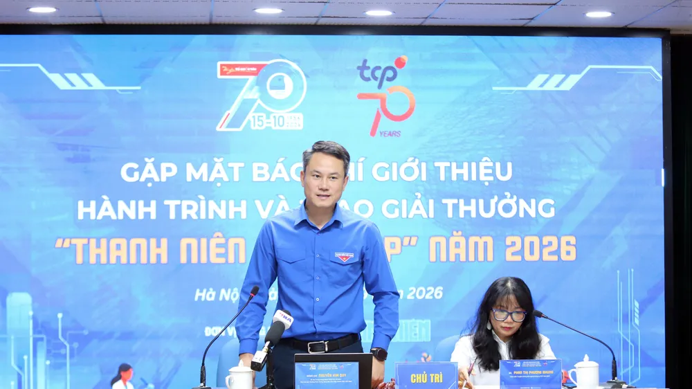 Anh Nguyễn Kim Quy, Bí thư Trung ương Đoàn, Phó Chủ tịch Thường trực Trung ương Hội Liên hiệp Thanh niên Việt Nam, phát biểu tại họp báo. Ảnh: THANH HẢI
