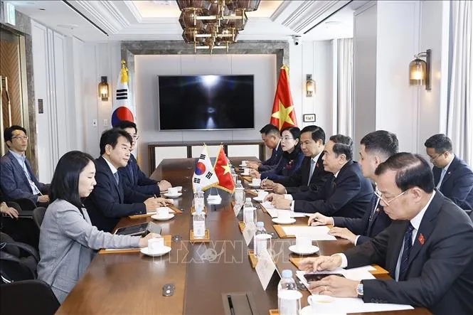 Chủ tịch Quốc hội Trần Thanh Mẫn tiếp Chủ tịch Nhóm Nghị sĩ Hữu nghị Hàn Quốc - Việt Nam Moon Jin-seok. Ảnh: TTXVN