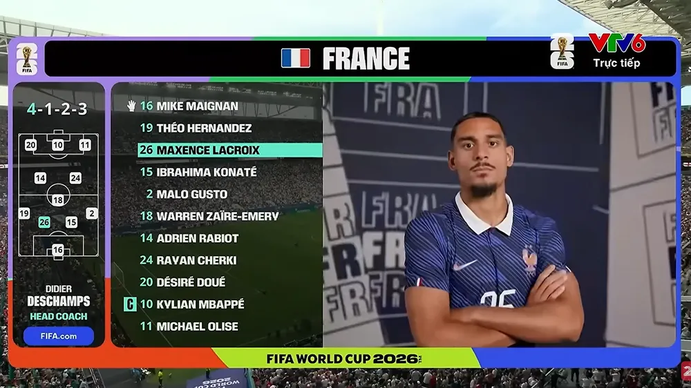 Lacroix trong đội hình xuất phát của tuyển Pháp ở trận tranh Hạng 3 World Cup 2026