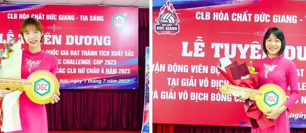 Lý Thị Luyến và Trần Tú Linh đã được đơn vị chủ quản tặng thưởng căn hộ cho thành tích thi đấu xuất sắc cùng đội tuyển bóng chuyền nữ Việt Nam. Ảnh: Hóa chất Đức Giang