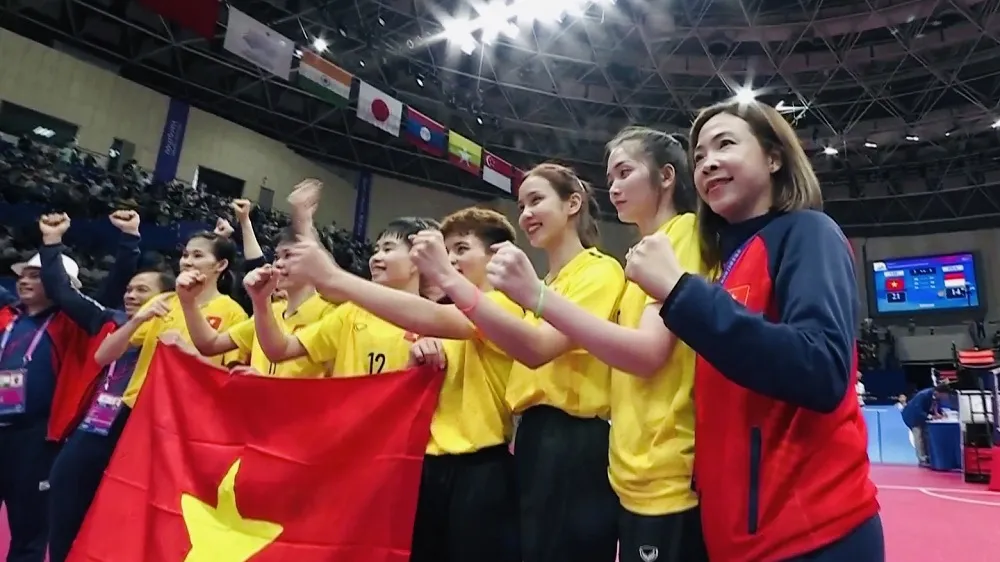 Cầu mây nữ Việt Nam đã có tấm HCV tại ASIAD 19. Ảnh: ĐOÀNTTVN