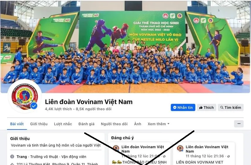 Trang thông tin giả mạo đã được Liên đoàn vovinam đưa ra để cảnh báo tới mọi người. Ảnh: VVF