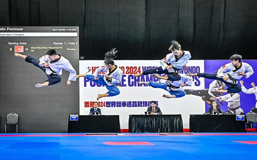 Các võ sỹ quyền của taekwondo Việt Nam có bài biểu diễn đạt điểm cao nhất để đứng số 1. Ảnh: WTF