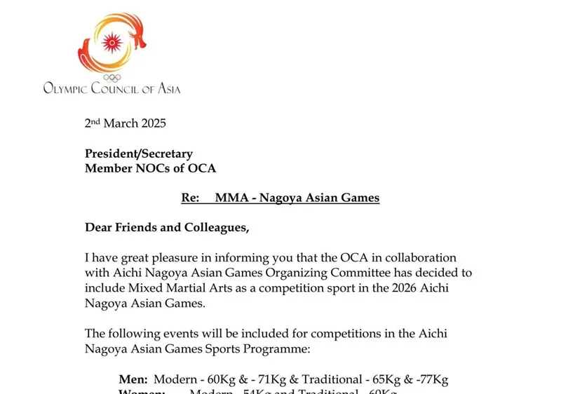 MMA nằm trong chương trình thi đấu chính thức của ASIAD 20 và thể thao Việt Nam có cơ hội cử tuyển thủ tham dự. Ảnh: OCA