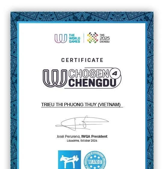 Chứng nhận dành cho VĐV Triệu Thị Phương Thủy. Ảnh: WORLDGAMES
